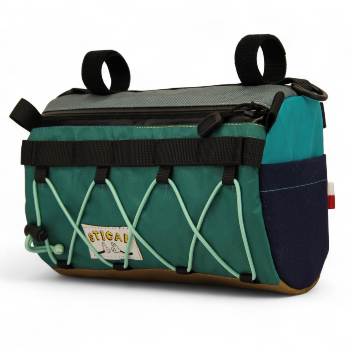 Torba na kierownicę STICAL - widok ze skosa, X-Pac, Cordura, front , bok granatowo turkusowy