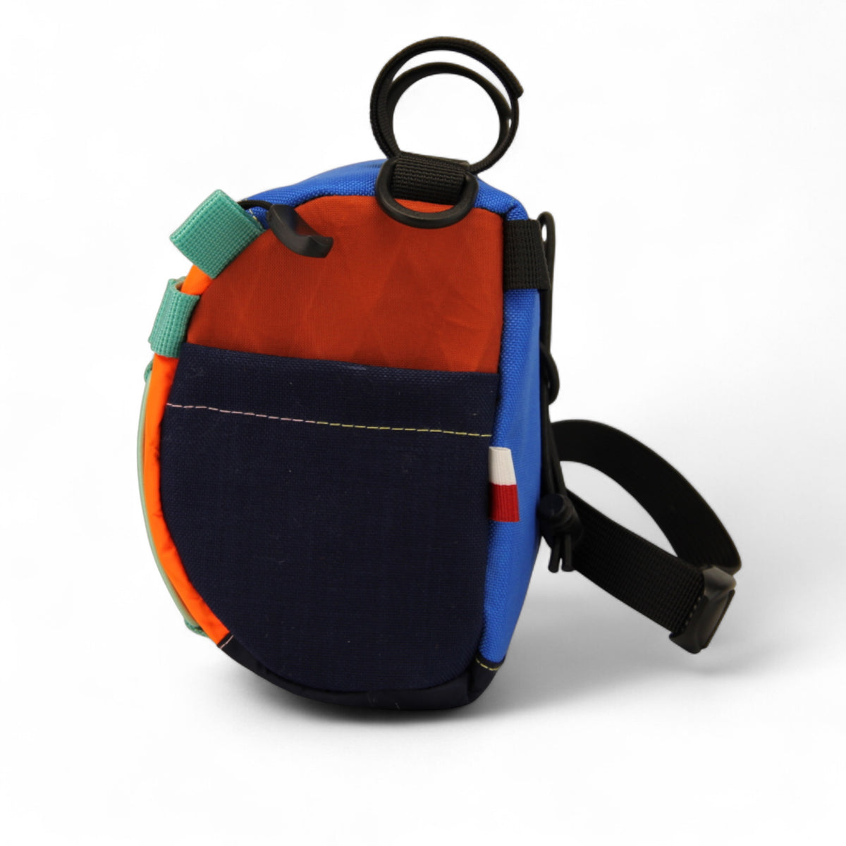 Torba na kierownicę STICAL - widok z boku, X-Pac, Cordura, kieszeń boczna pomarańczowo granatowa
