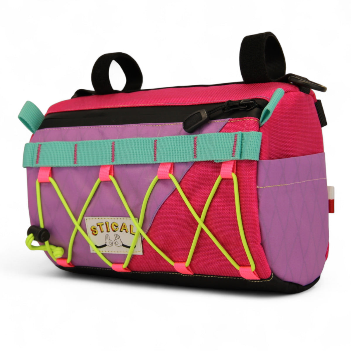 Torba na kierownicę STICAL - widok ze skosa, X-Pac, Cordura, 3,4 l, front różowo-fioletowy, bok różowo-fioletowy